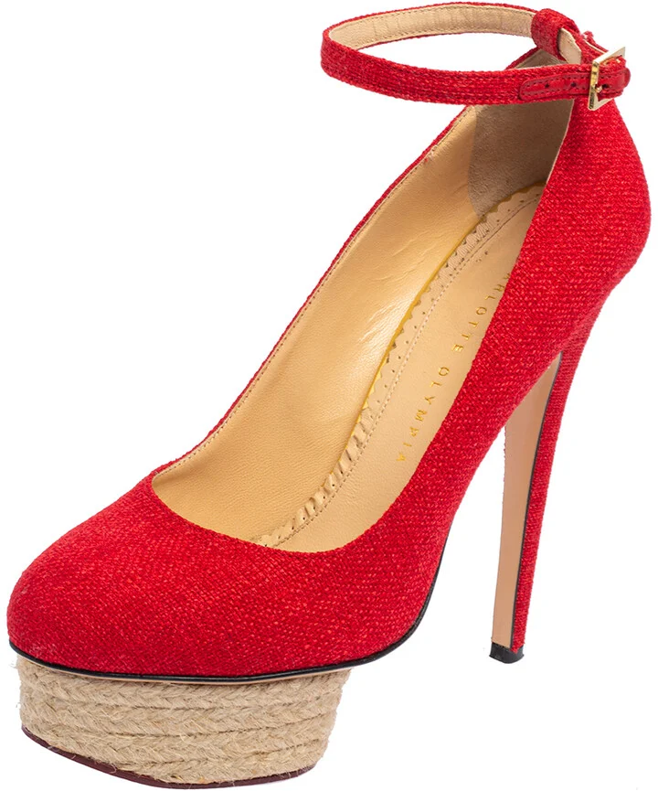 Charlotte Olympia Red Canvas Dolores Ankle Strap Platform Pumps Size 38
