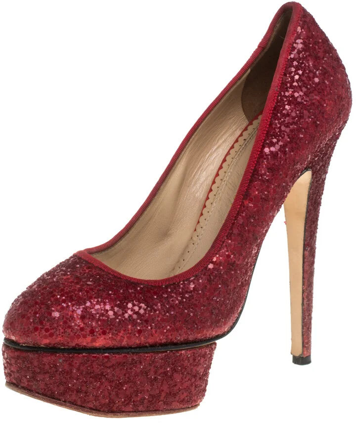 Charlotte Olympia Red Glitter Priscilla Platform Pumps Size 38.5