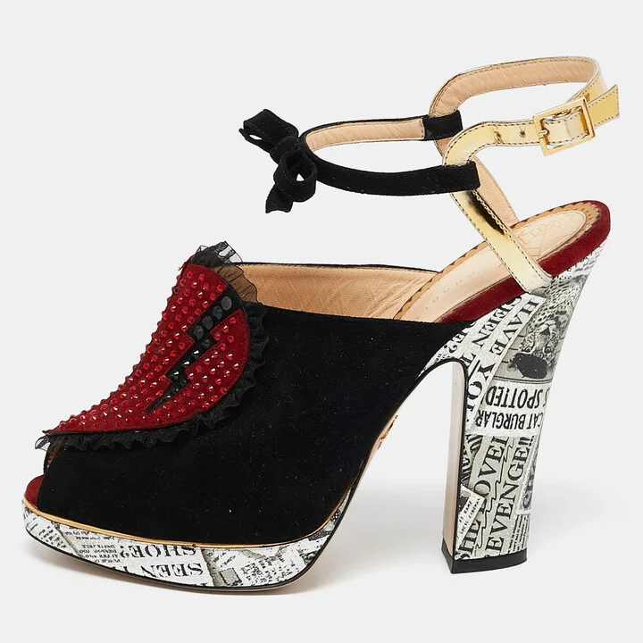 Charlotte Olympia Red/Gold Suede And Leather Love Ankle Strap Sandals Size 39