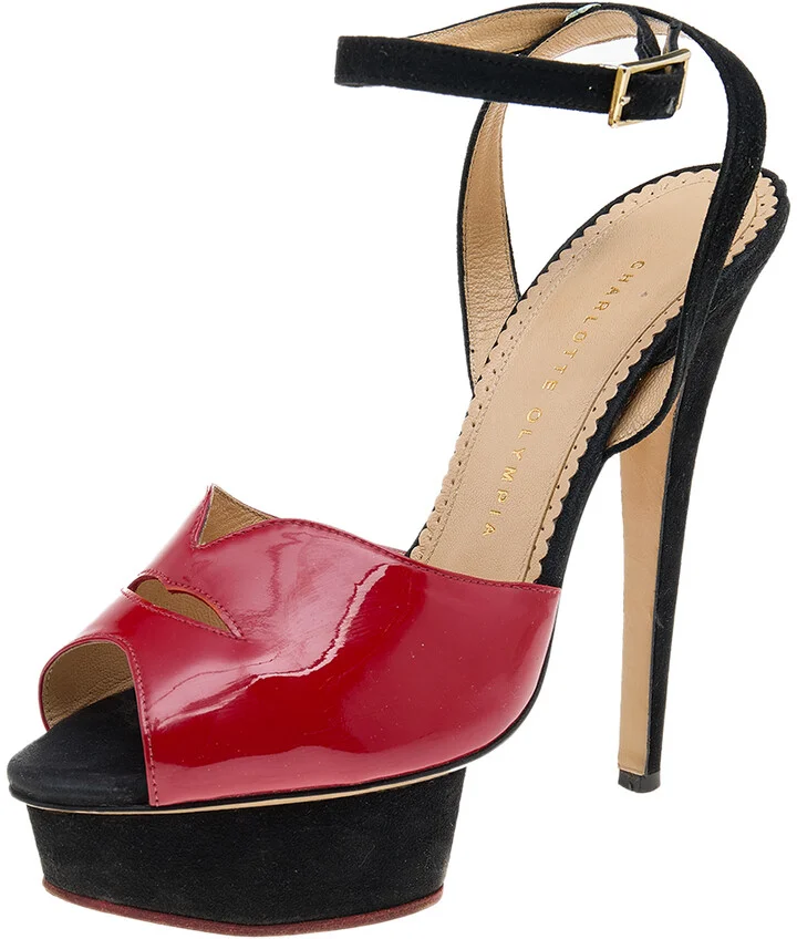 Charlotte Olympia Red Suede And Patent Leather Platform Sandals Size 39.5