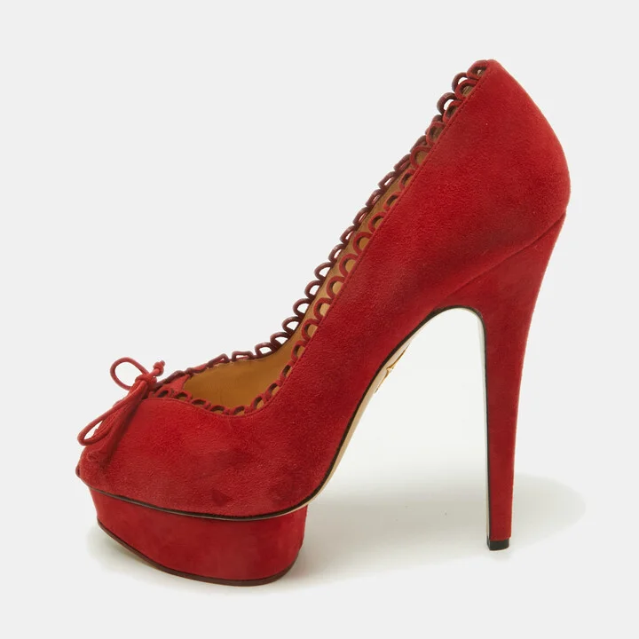 Charlotte Olympia Red Suede Daphne Scalloped Trim Peep Toe Platform Pumps Size 40