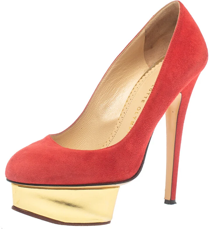 Charlotte Olympia Red Suede Leather Dolly Platform Pumps Size 37.5