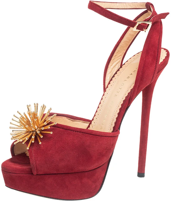 Charlotte Olympia Red Suede Orbital Pomeline Platform Sandals Size 36.5