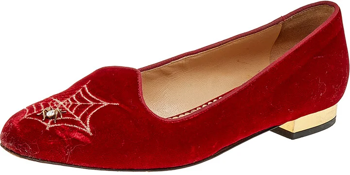 Charlotte Olympia Red Velvet Embroidered Ballet Flats Size 37