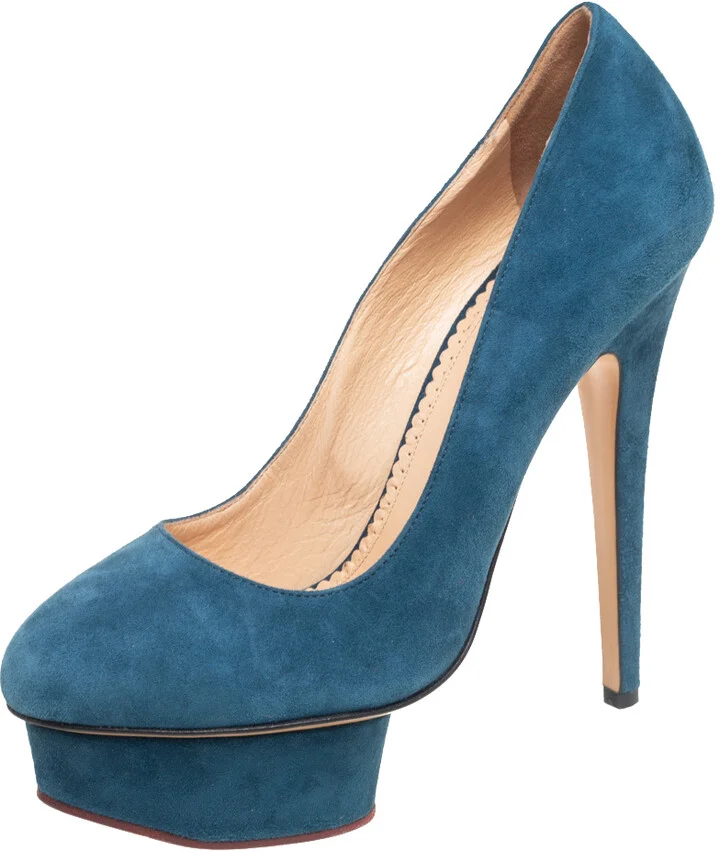 Charlotte Olympia Teal Blue Suede Dolly Platform Pumps Size 38