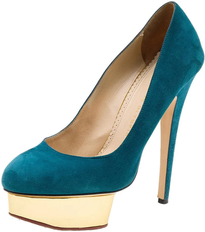 Charlotte Olympia Teal Blue Suede Dolly Platform Pumps Size 39