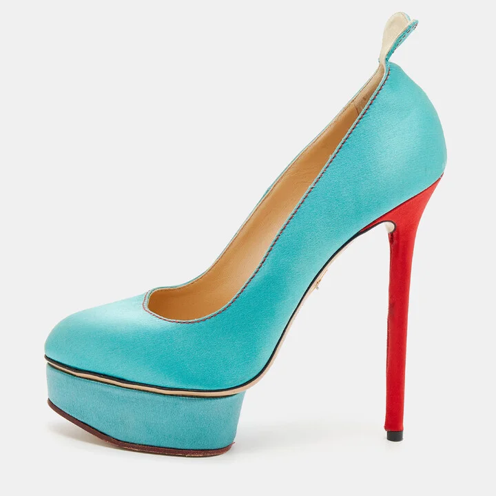 Charlotte Olympia Turquoise/Red Satin Josephine Platform Pumps Size 38