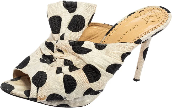 Charlotte Olympia White/Black Polka Canvas Bow Side Sandals Size 38