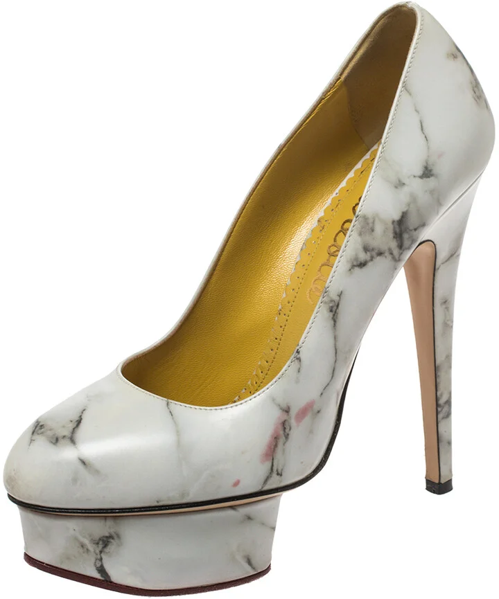 Charlotte Olympia White/Grey Marble-Print Leather Dolly Platform Pumps Size 37