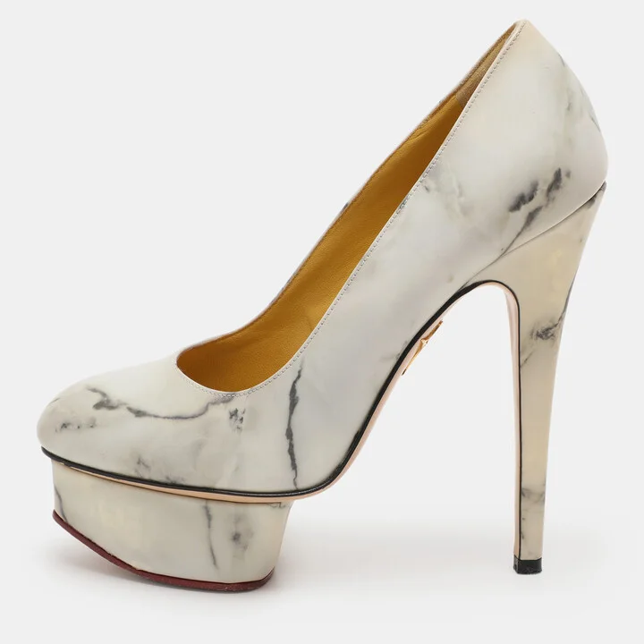 Charlotte Olympia White/Grey Marble-Print Leather Dolly Pumps Size 36
