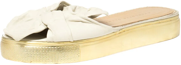Charlotte Olympia White Leather Knotted Bow Slides Size 36