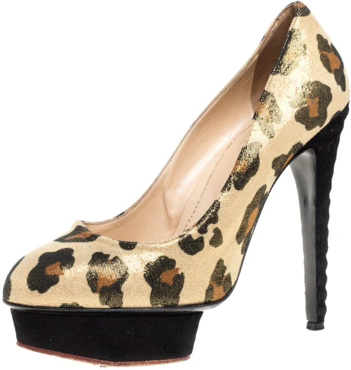 Charlotte Olympia Yellow Glitter Suede Leopard Print Platform Pumps Size 39
