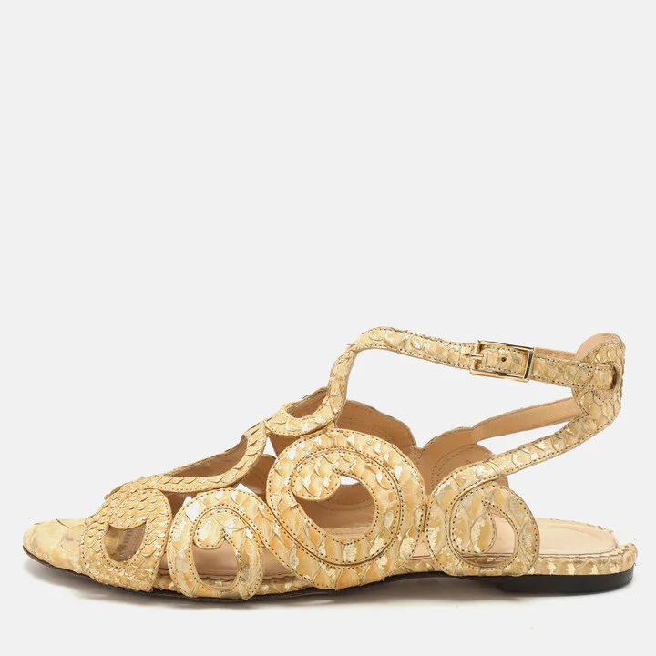 Charlotte Olympia Yellow/Gold Python Cut Out Strappy Flat Sandals Size 38