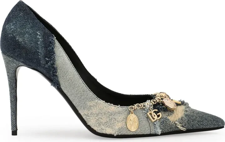 Charm-Embellished Denim Pumps