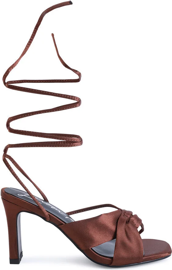 Chasm Ruched Satin Tie Up Block Heeled Sandals