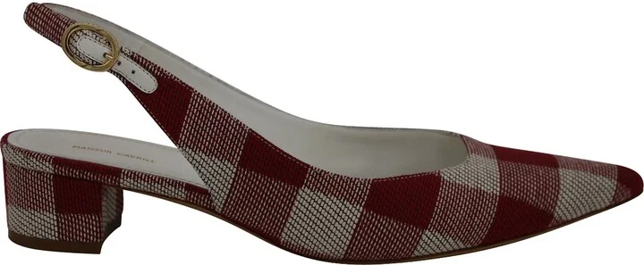 Check Slingback Pointed Pumps in Red Canvas