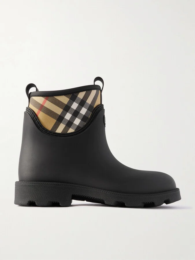 Checked Twill-Trimmed Rubber Rain Boots