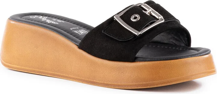 Cherry Womens Buckle Suede Slide Sandals