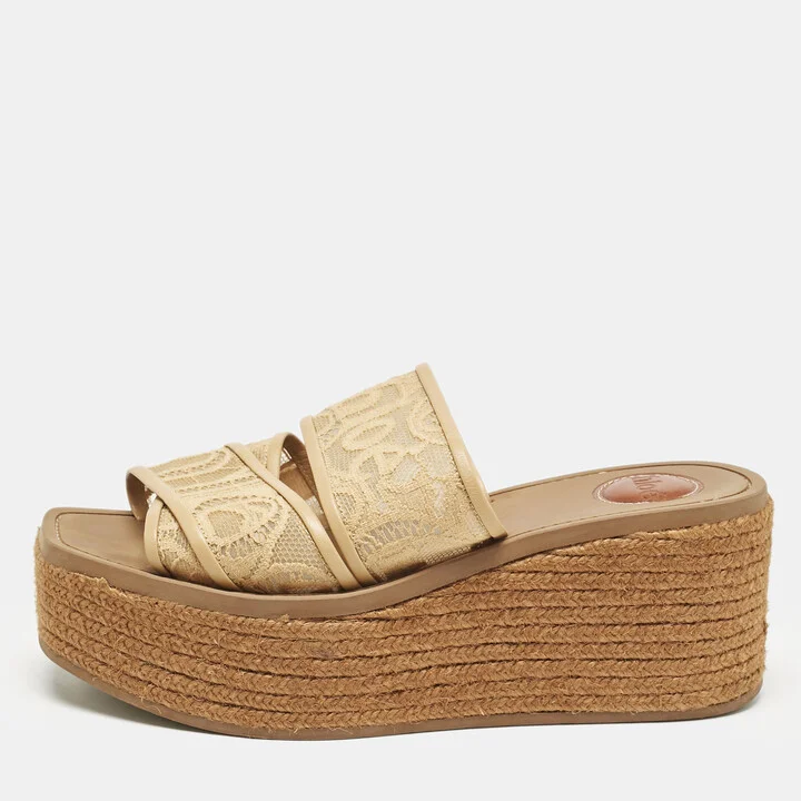 Chloe Beige Canvas Logo Print Woody Wedge Platform Slide Sandals Size 39