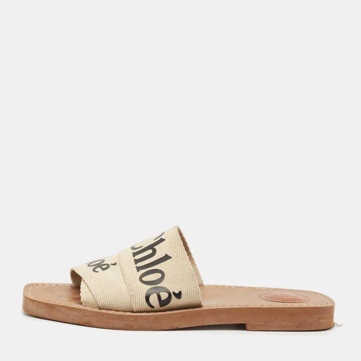 Chloe Beige Canvas Logo Ribbon Woody Flat Slide Sandals Size 37