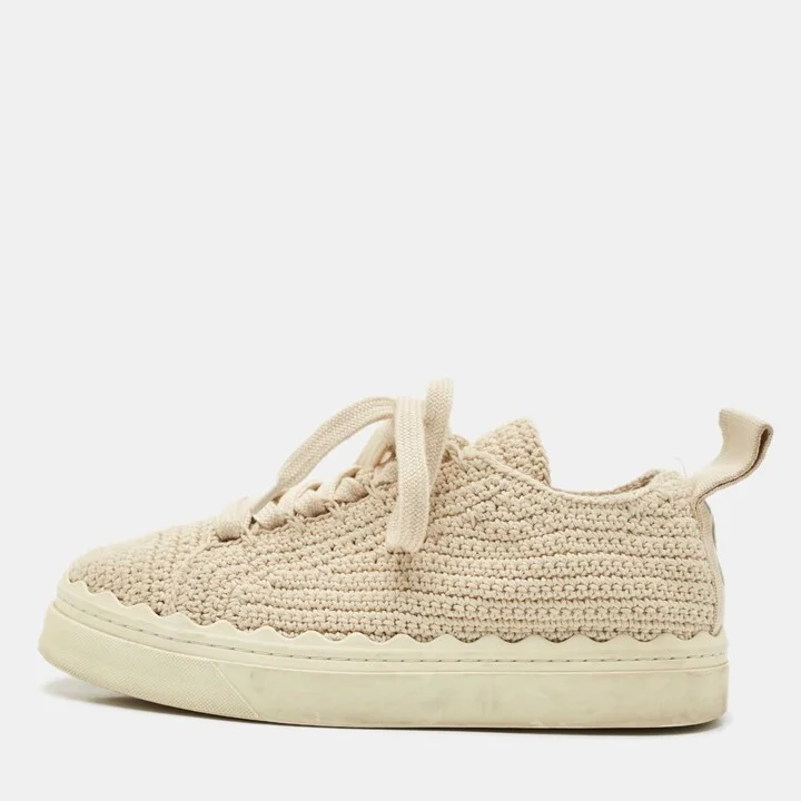 Chloe Beige Knit Fabric Lauren Lace Up Sneakers Size 37-38