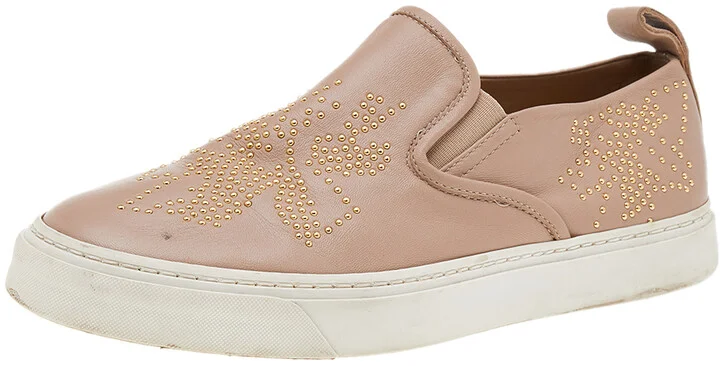 Chloe Beige Leather Embellished Slip On Sneakers Size 39