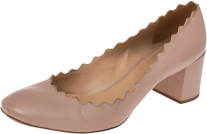 Chloe Beige Leather Lauren Scallop Trim Block Heel Pumps Size 40.5