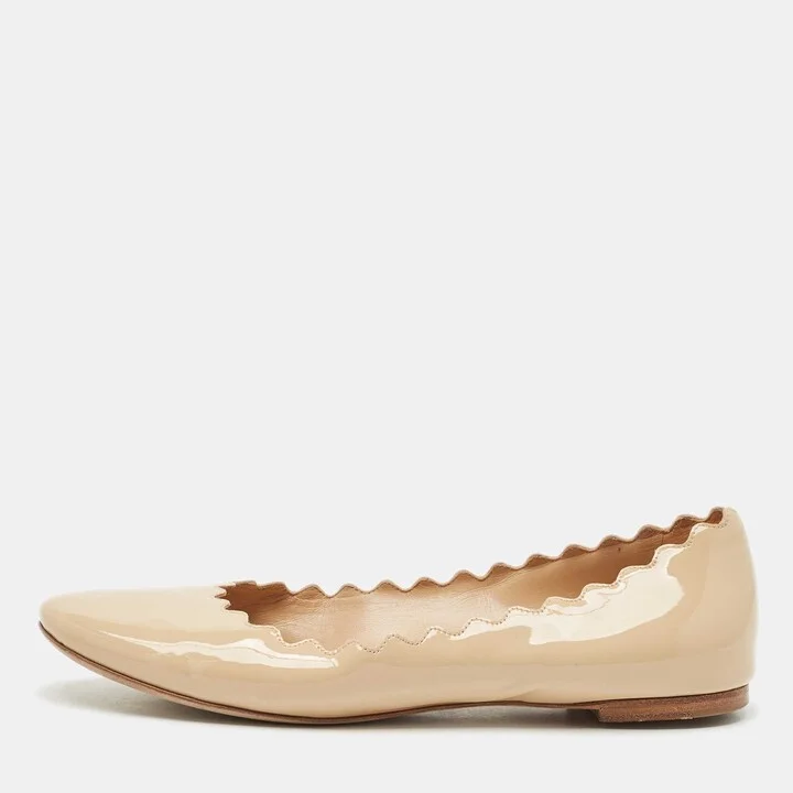 Chloe Beige Patent Leather Lauren Scalloped Ballet Flats Size 39