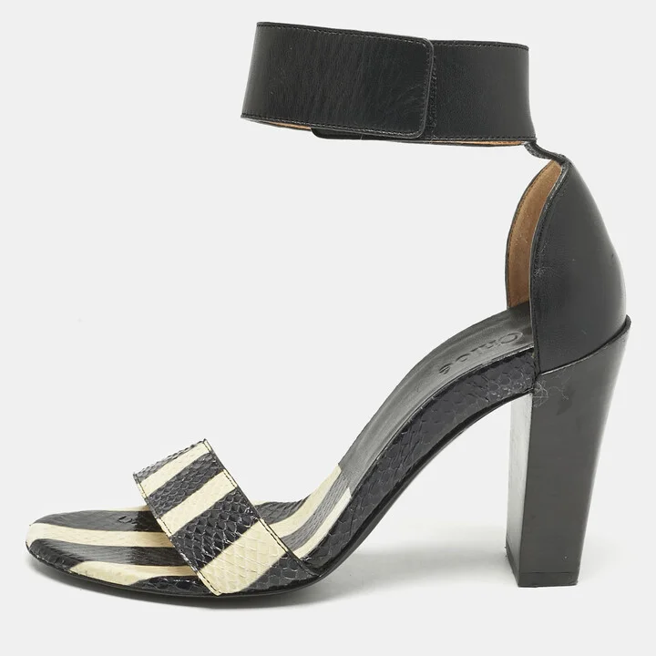 Chloe Black/BeigeSnakeskin and Leather Ankle Strap Sandals Size 36