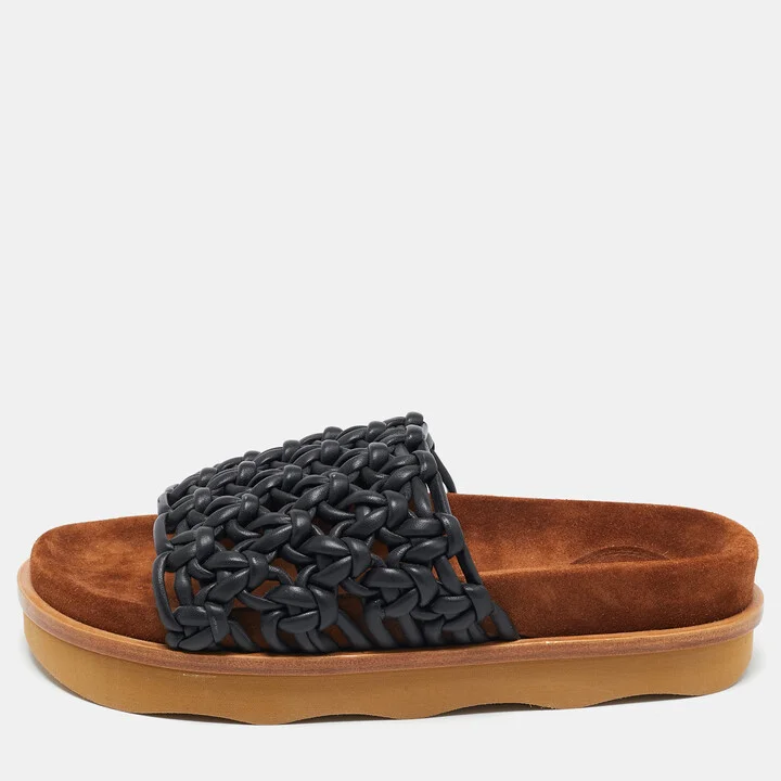 Chloe Black/Brown Leather and Suede Wavy Slide Flats Size 36
