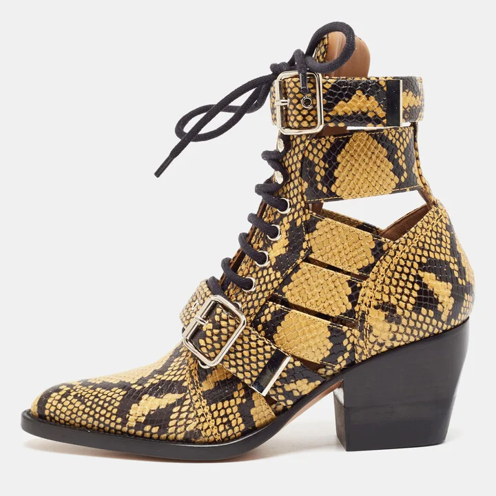 Chloe Black/Brown Python Embossed Leather Rylee Ankle Length Boots Size 36