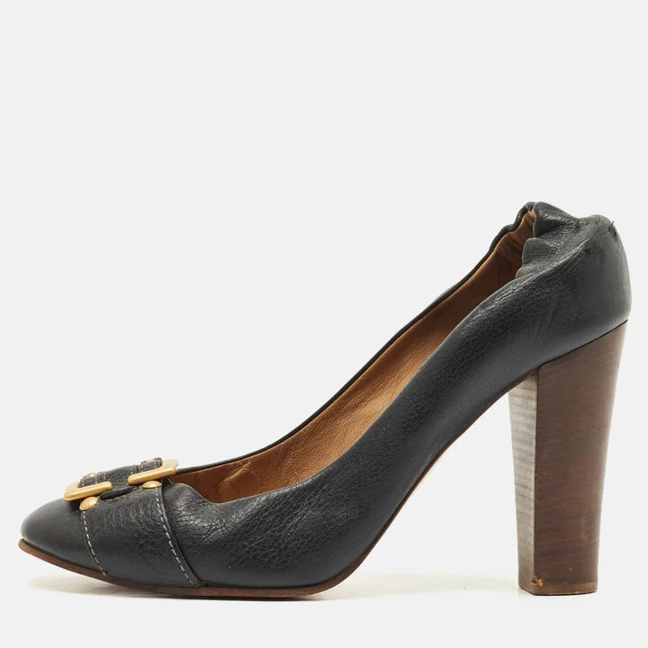 Chloe Black Leather Buckle Detail Scrunch Pumps Size 41