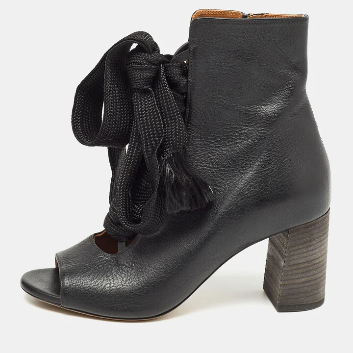 Chloe Black Leather Harper Peep Toe Ankle Wrap Booties Size 37.5