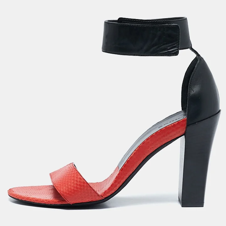 Chloe Black/Orange Leather and Snakeskin Leather Ankle Strap Sandals Size 39