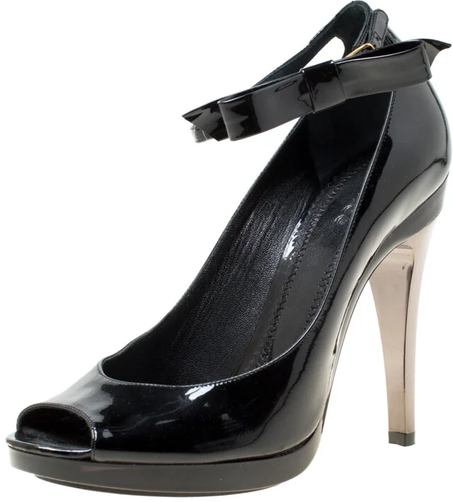 Chloe Black Patent Leather Bow Detail Ankle Strap Peep Toe Pumps Size 37