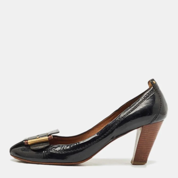 Chloe Black Patent Leather Buckle Detail Block Heel Pumps Size 41