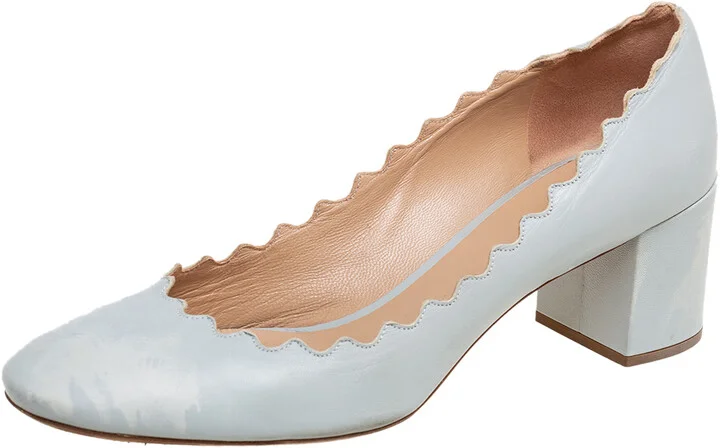 Chloe Blue Leather Lauren Scallop Trim Block Heel Pumps Size 40