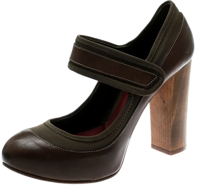 Chloe Brown Leather And Khaki Fabric Mary Jane Block Heel Platform Pumps Size 38