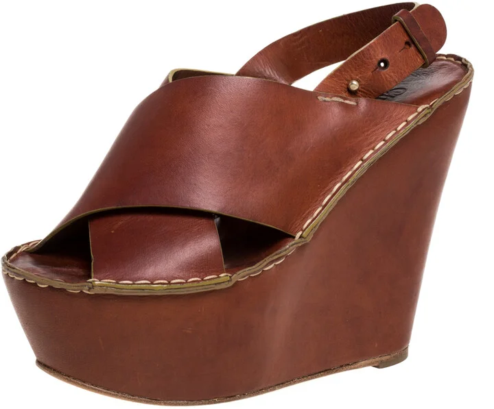Chloe Brown Leather Criss Cross Platform Wedge Sandals Size 38