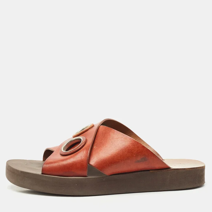Chloe Brown Leather Crisscross Flat Slide Size 37