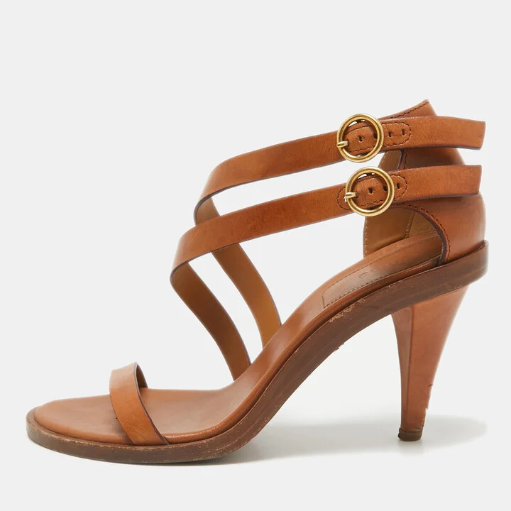 Chloe Brown Leather Double Ankle Strap Niko Sandals Size 38