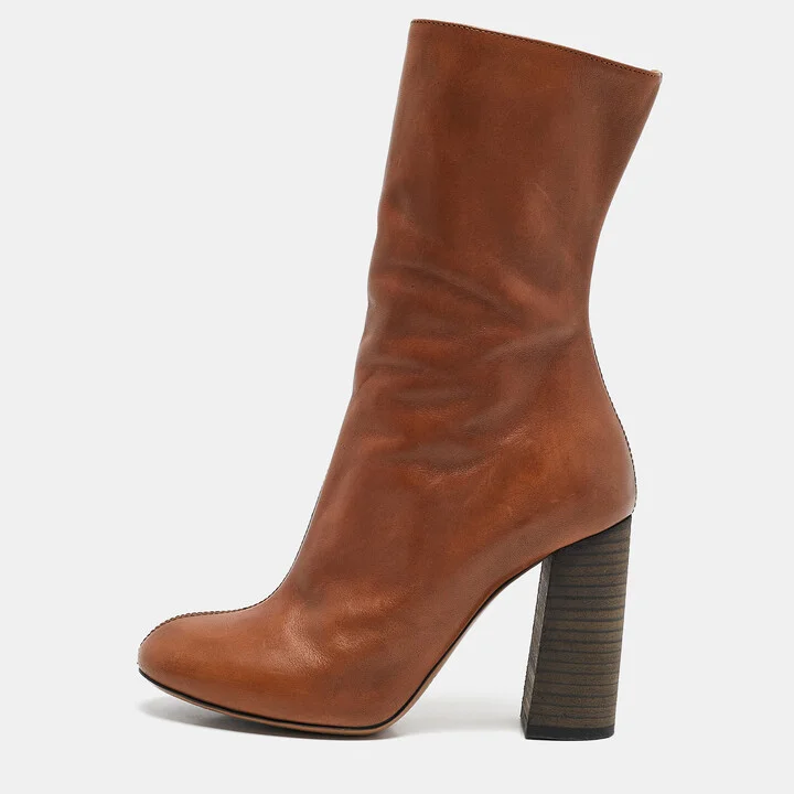 Chloe Brown Leather Mid Calf Boots Size 35