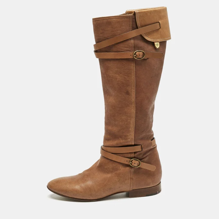 Chloe Brown Leather Strappy Buckle Knee Length Boots Size 38.5