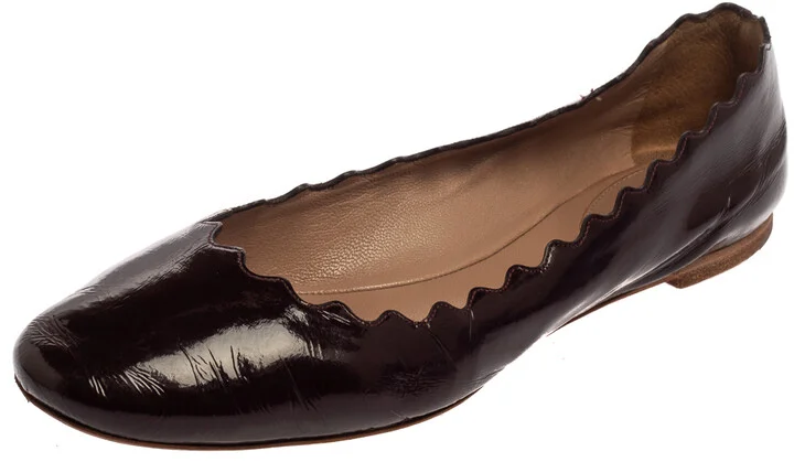 Chloé Brown Patent Leather Lauren Scalloped Ballerina Flats Size 37.5