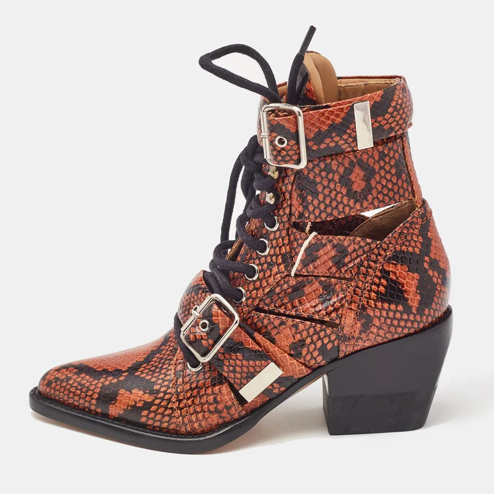 Chloe Brown Python Embossed Leather Rylee Ankle Boots Size 34.5