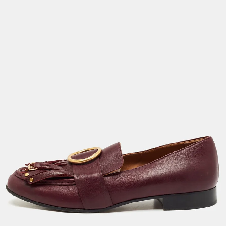 Chloe Burgundy Leather Fringe Gold Tips Details Slip On Loafers Size 40