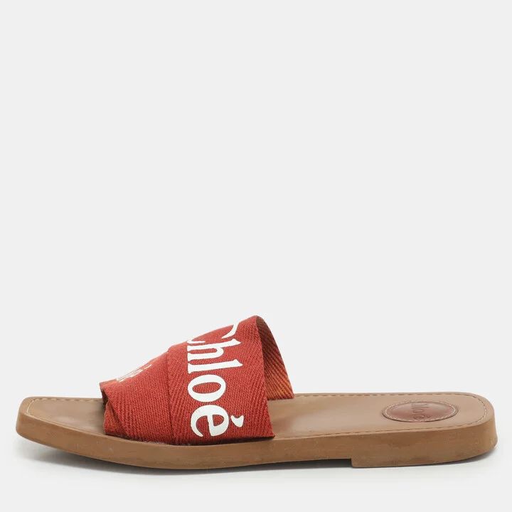 Chloe Burgundy Logo Print Canvas Woody Flat Slides Size 39