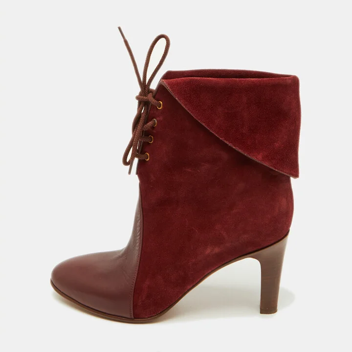 Chloe Burgundy Suede and Leather Kole Lace Up Booties Size 38
