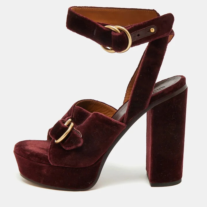 Chloe Burgundy Velvet T Chunky High Heel Ankle Strap Sandals Size 36