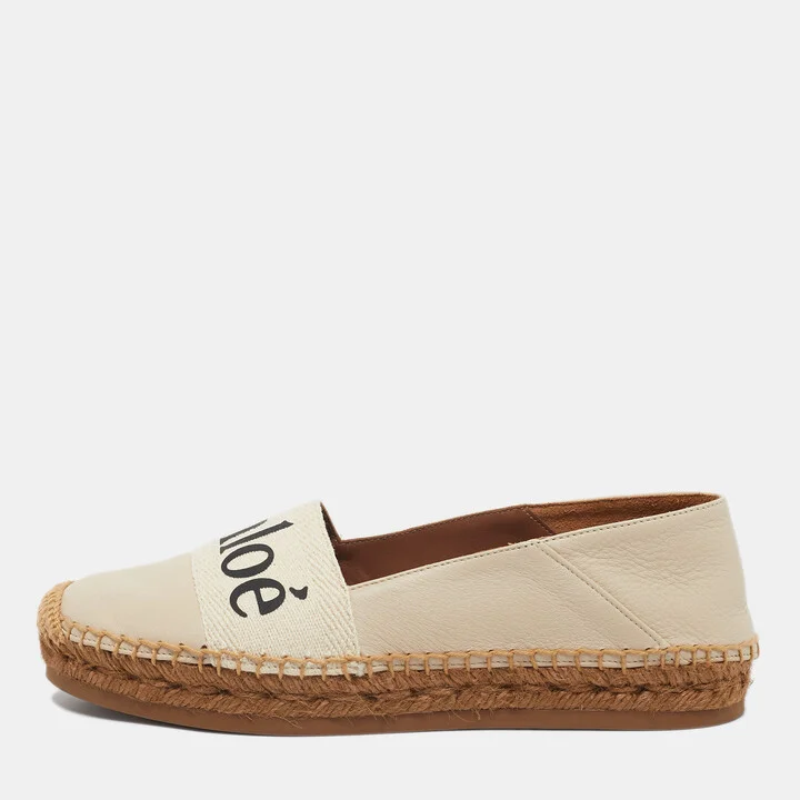 Chloe Cream Leather and Logo Canvas Woody Espadrille Flats Size 37